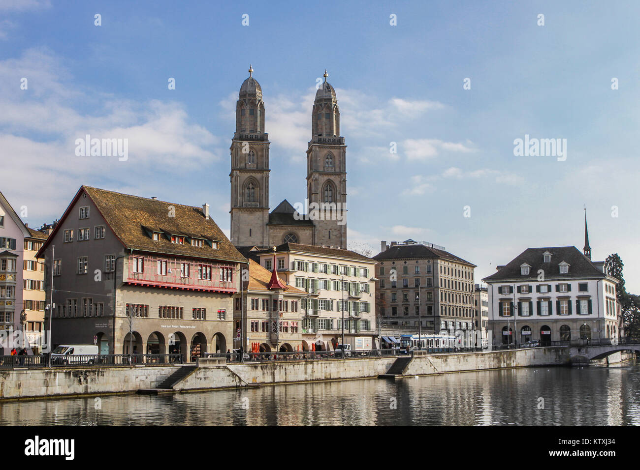 old town of Zurich or Zürich, Switzerland, view to Limmatquai with protestant church Grossmünster and Limmat river Stock Photo