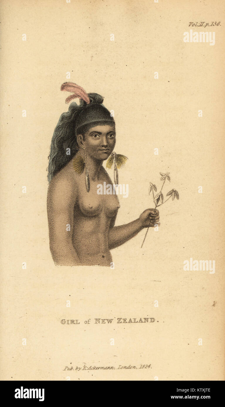 Girl of New Zealand. Maori girl with feather in her hair and long earrings. Handcoloured stipple engraving from Frederic Shoberl's The World in Miniature, The South Sea Islands, Ackermann, 1824. After an illustration by Jean Piron from Voyage de la Perouse, 1800. Stock Photo