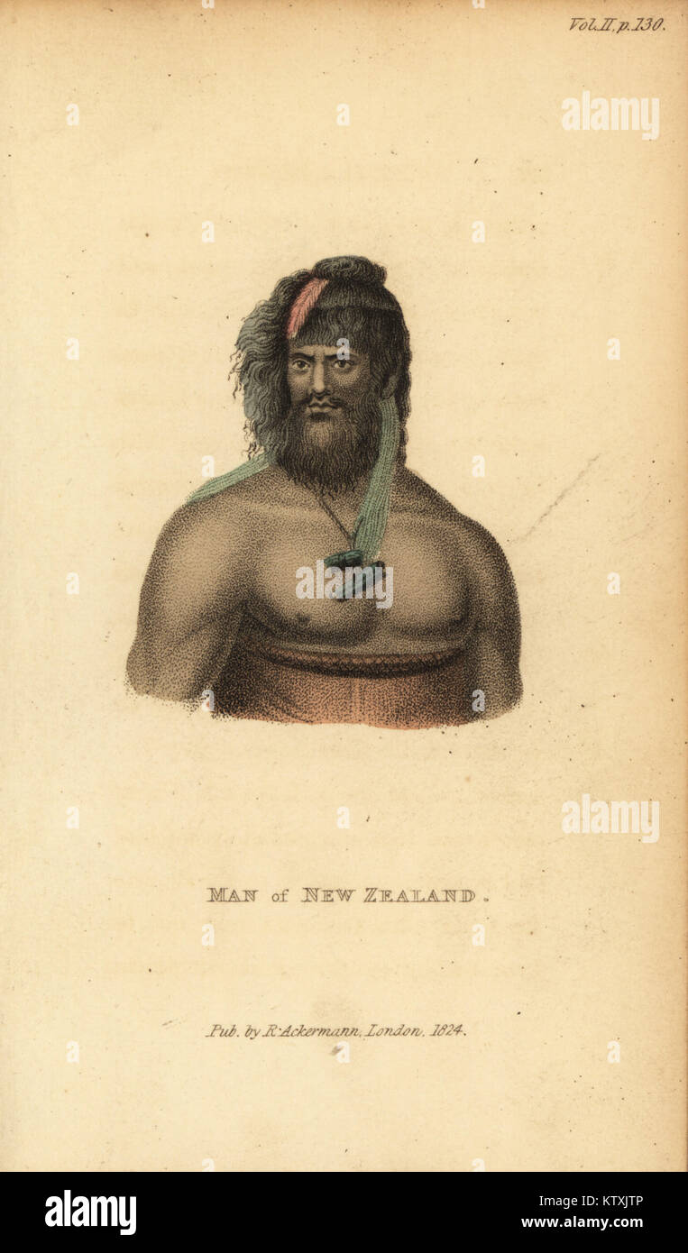 Maori man of New Zealand. Handcoloured stipple engraving from Frederic Shoberl's The World in Miniature, The South Sea Islands, Ackermann, 1824. After an illustration by Jean Piron in Voyage de La Perouse, 1800. Stock Photo