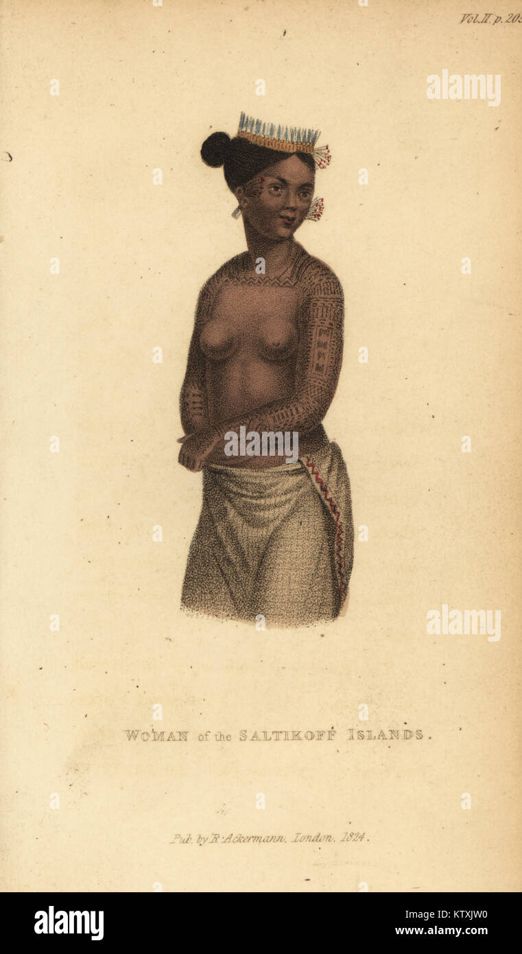 Native woman from the Saltikoff Islands, Ratak chain, Marshall Islands, with headdress, flower earrings, tattoos and sarong. Handcoloured stipple engraving from Frederic Shoberl's The World in Miniature, The South Sea Islands, Ackermann, 1824. After an illustration by Louis Choris in Otto von Kotzebue's Picturesque voyage around the world, 1822. Stock Photo