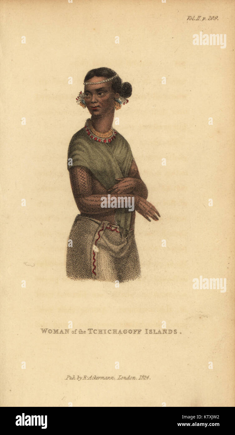 Native woman of Erikub Atoll, Ratak chain, Marshall Islands, with rolled pandanus-leaf earrings, necklace and tattoos. Woman of the Tchichagoff Islands. Handcoloured stipple engraving from Frederic Shoberl's The World in Miniature, The South Sea Islands, Ackermann, 1824. After an illustration by Louis Choris in Otto von Kotzebue's Picturesque voyage around the world, 1822. Stock Photo