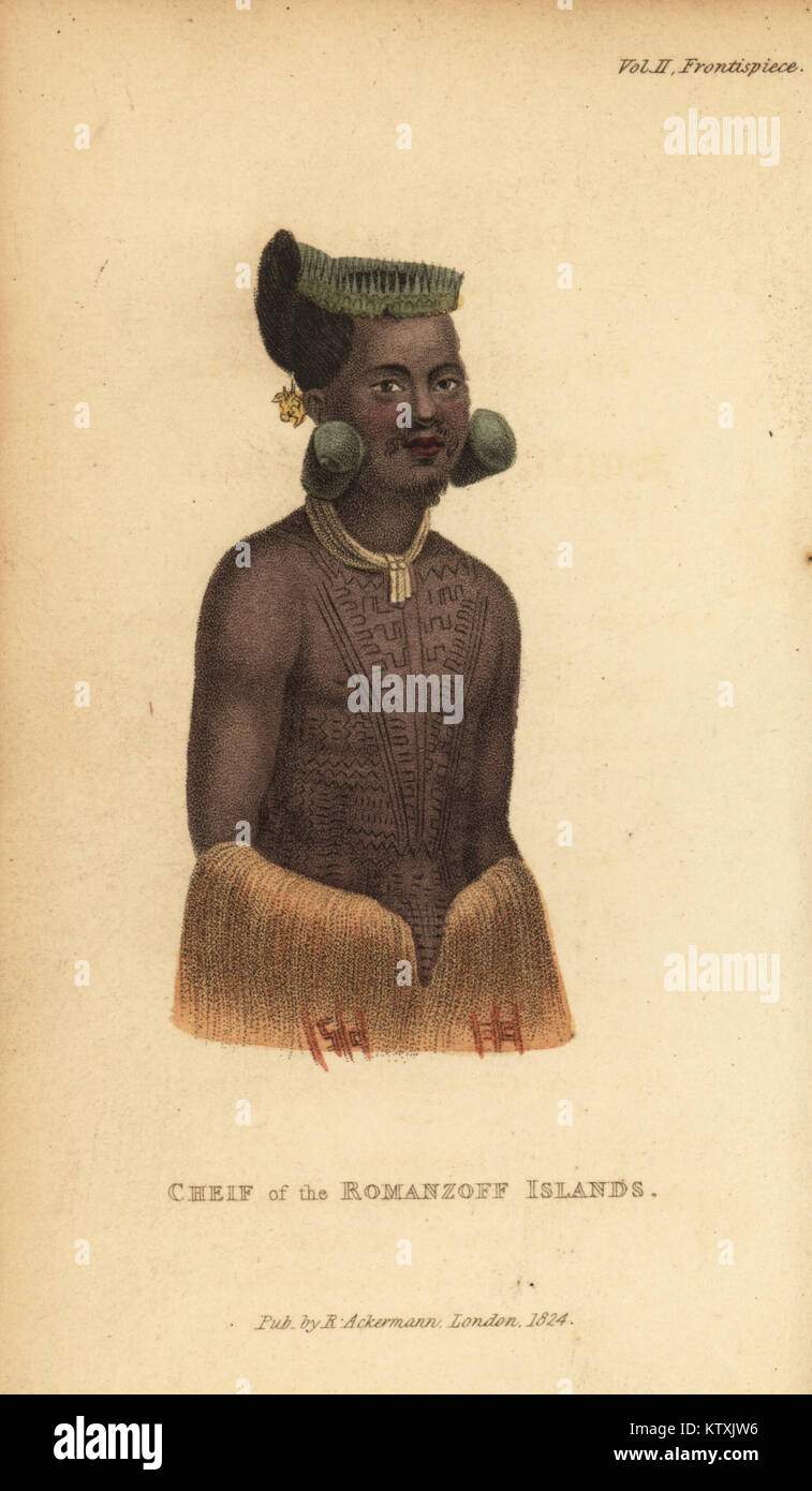 Rarick, chief of the Island of Otdia (Wotje Atoll, Radack Chain, Marshall Islands). With headdress of shells and flowers, rolled green-leaf earrings, necklace and tattoos. Chief of the Romanzoff Islands. Handcoloured stipple engraving from Frederic Shoberl's The World in Miniature, The South Sea Islands, Ackermann, 1824. After from an illustration by Louis Choris in Otto von Kotzebue's Picturesque voyage around the world, 1822. Stock Photo