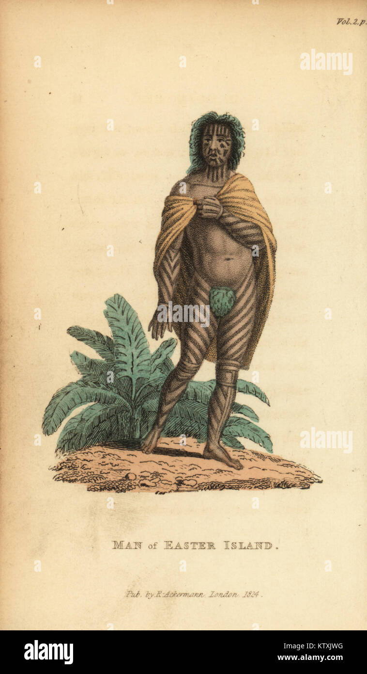 Native man of Easter Island or Rapa Nui. Handcoloured stipple engraving ...