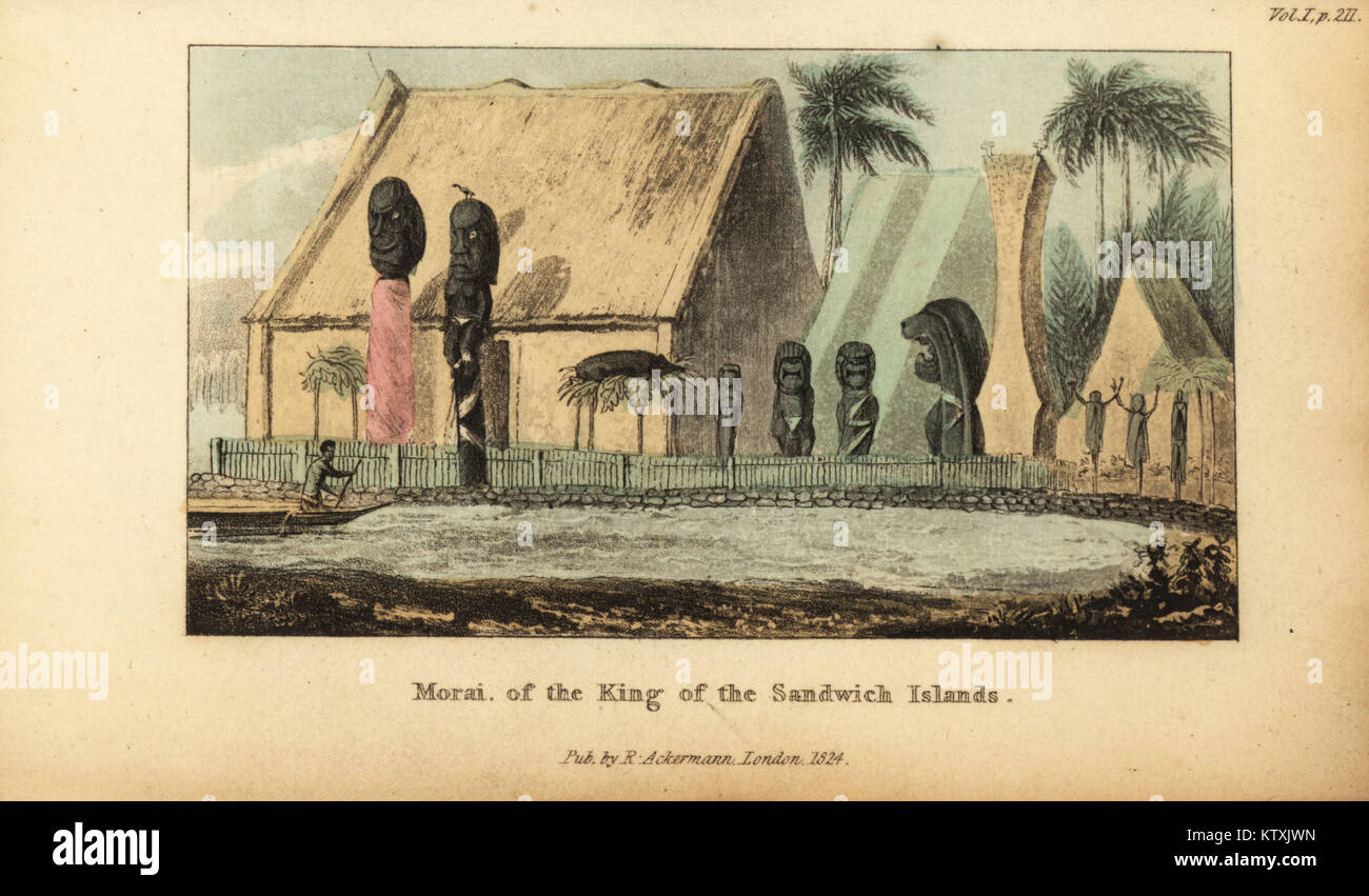 Royal Morai in the Bay of Ti-utatoo, Hawaii (Morai of the King of the Sandwich Islands). Handcoloured stipple engraving from Frederic Shoberl's The World in Miniature: The South Sea Islands, Ackermann, London, 1824. Copied from an illustration by Louis Choris in Otto von Kotzebue's Picturesque voyage around the world, 1822. Stock Photo