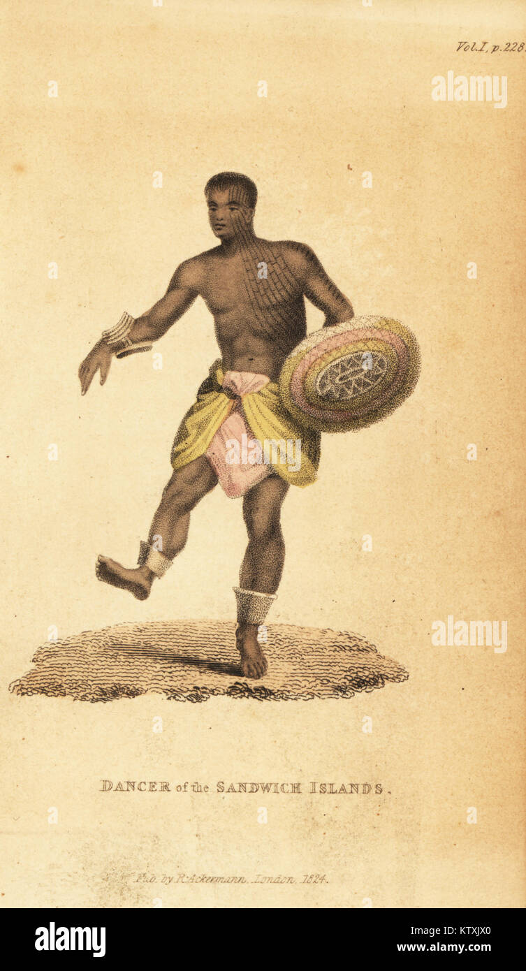 Dancing native man of Hawaii (Sandwich Islands) with shield, anklets, bracelets and tattoos. Handcoloured stipple engraving from Frederic Shoberl's The World in Miniature: The South Sea Islands, Ackermann, London, 1824. Copied from an illustration by Louis Choris from Otto von Kotzebue's Picturesque voyages around the world, 1822. Stock Photo