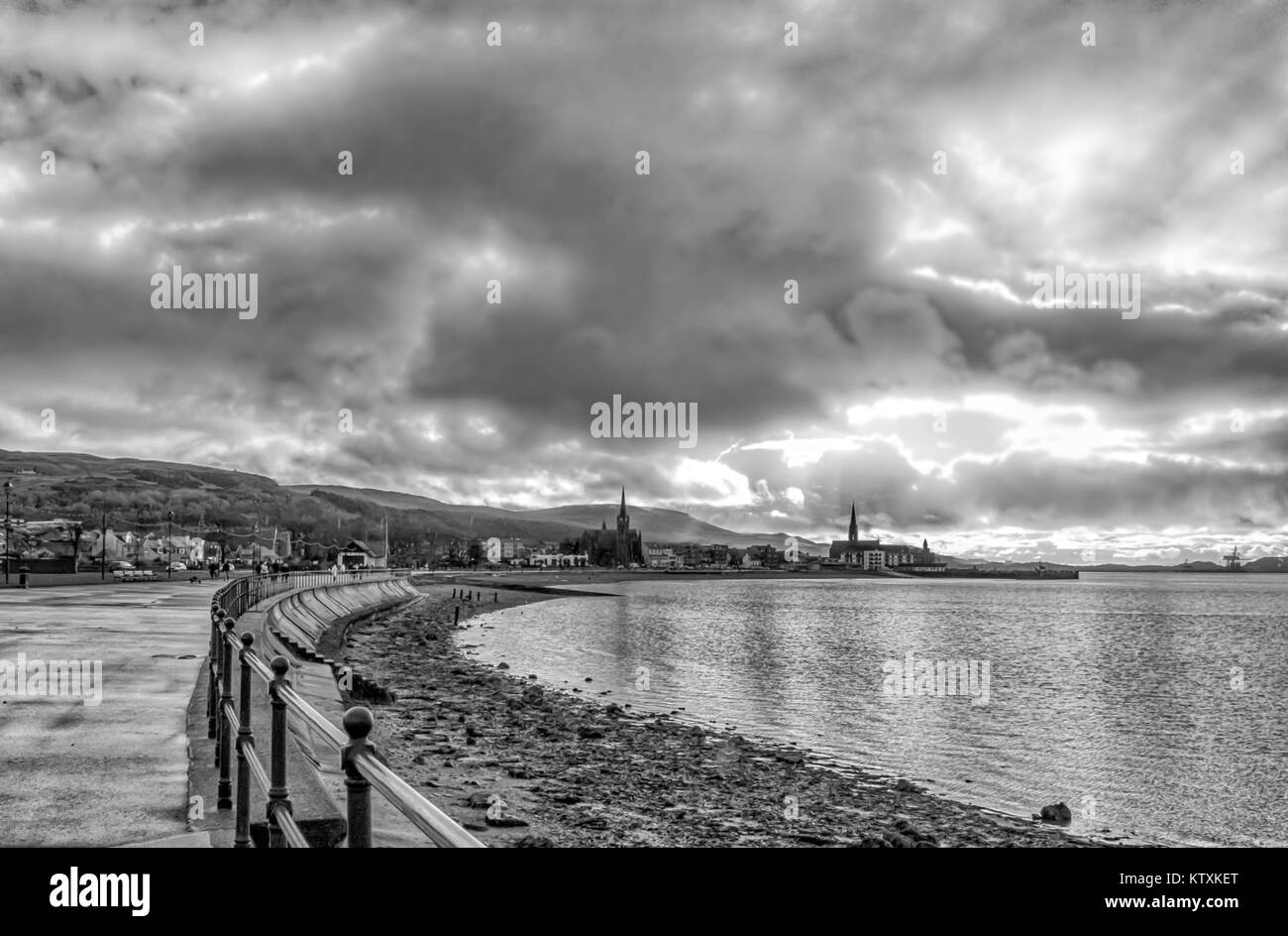 The town of larseafrgs from its seafront on a cold December Boxing day 2017. Looking from the North Esplanade into the Town centre.in Black and White. Stock Photo