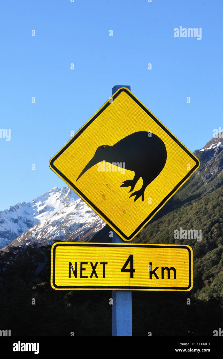 Road sign warning of kiwis near Arthurs Pass, South Island, New Zealand Stock Photo