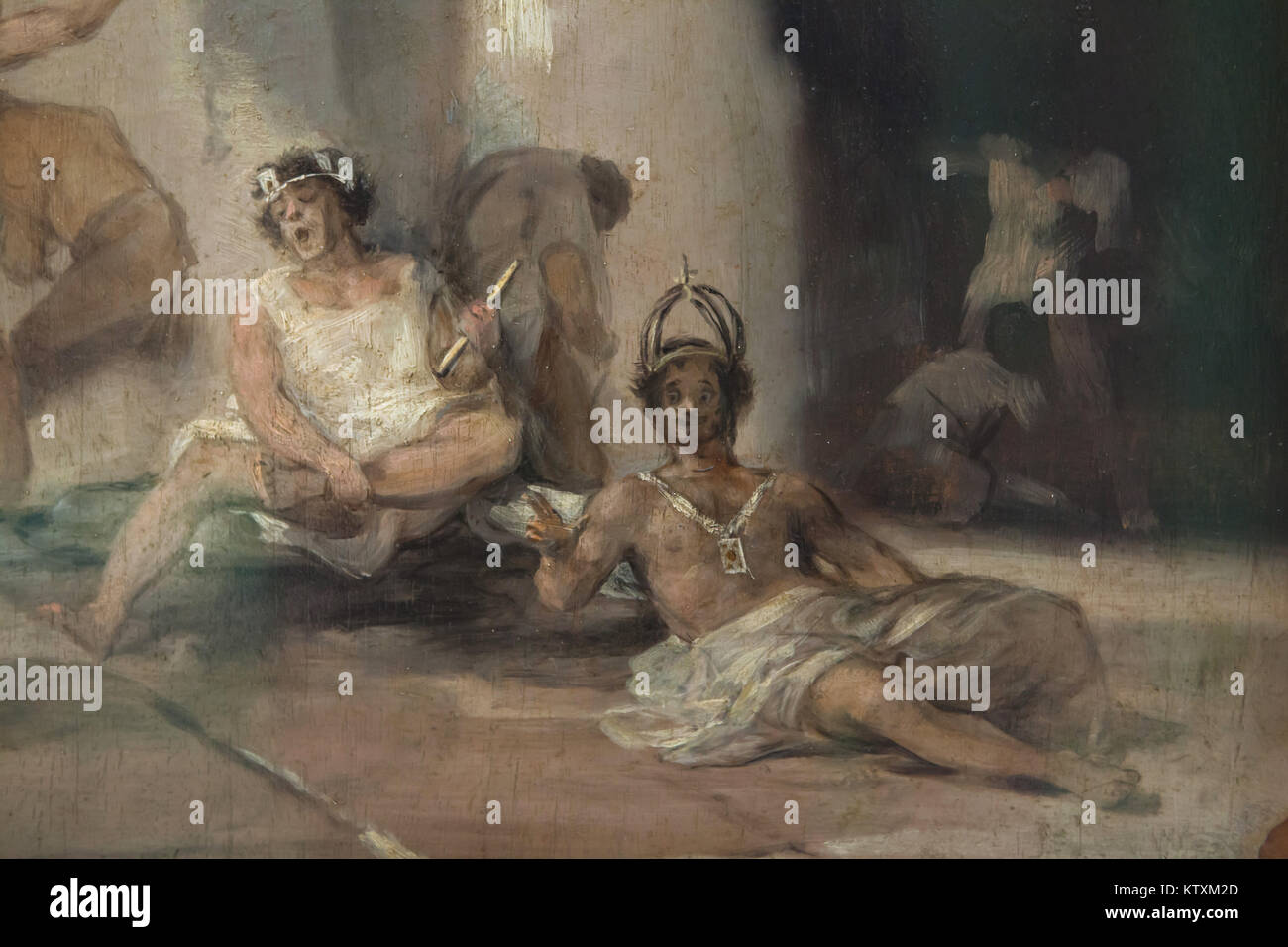 Mentally ill persons depicted in the detail of the painting 'The Madhouse' by Spanish painter Francisco Goya (ca. 1812-1819) on display in the Real Academia de Bellas Artes de San Fernando (Royal Academy of Fine Arts of San Fernando) in Madrid, Spain. Stock Photo