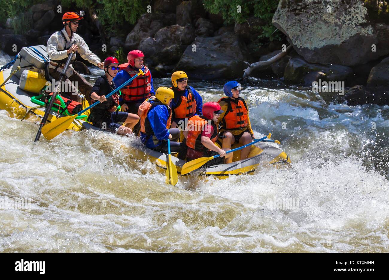 Tourists white river raft down the Klamath Wild and Scenic River June 12, 2016 near Klamath Falls, Oregon. Stock Photo