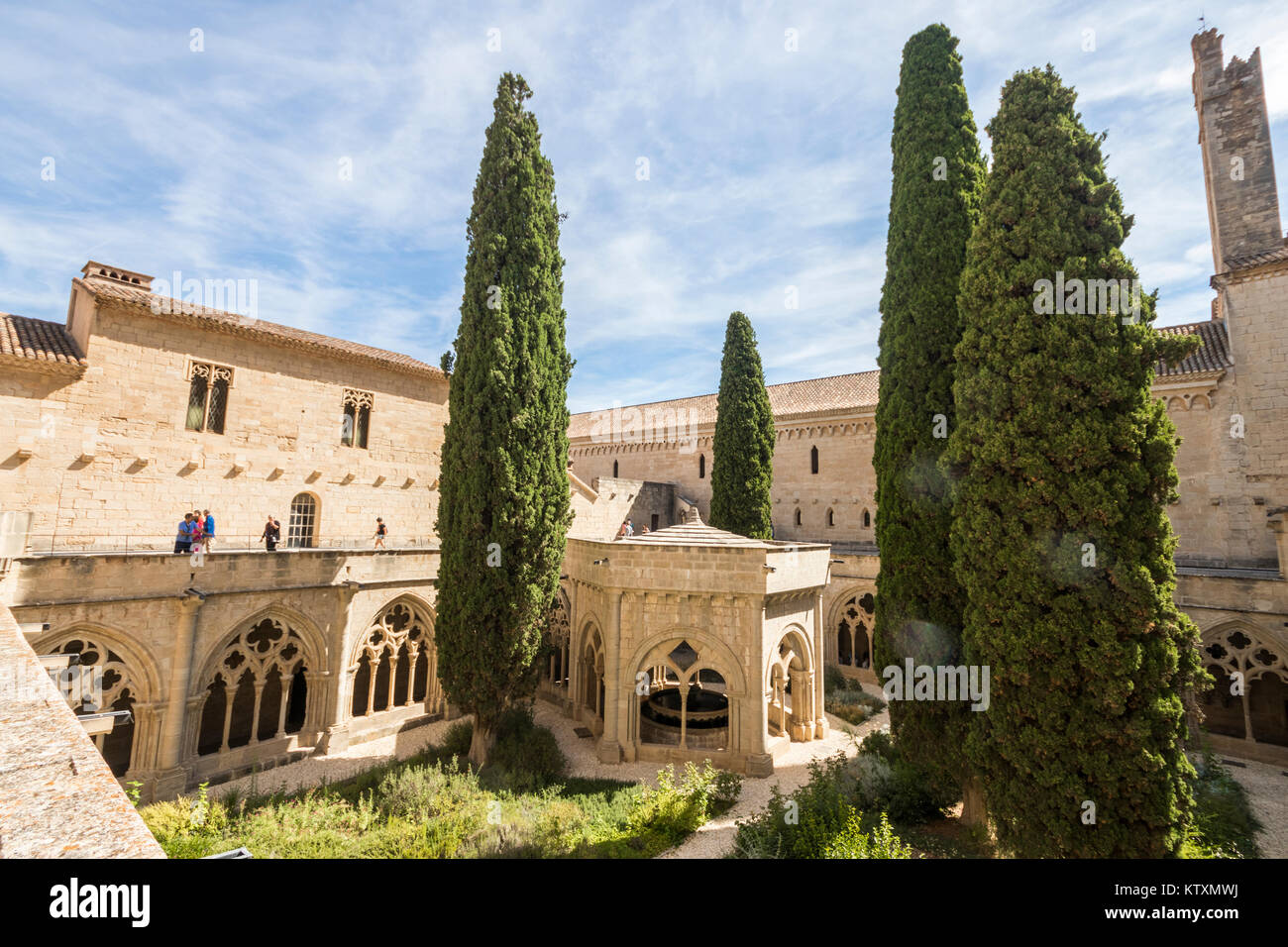 The cloister of the Royal Abbey of Santa Maria de Poblet, a Cistercian monastery in Catalonia, Spain, pantheon of the kings of the Crown of Aragon Stock Photo