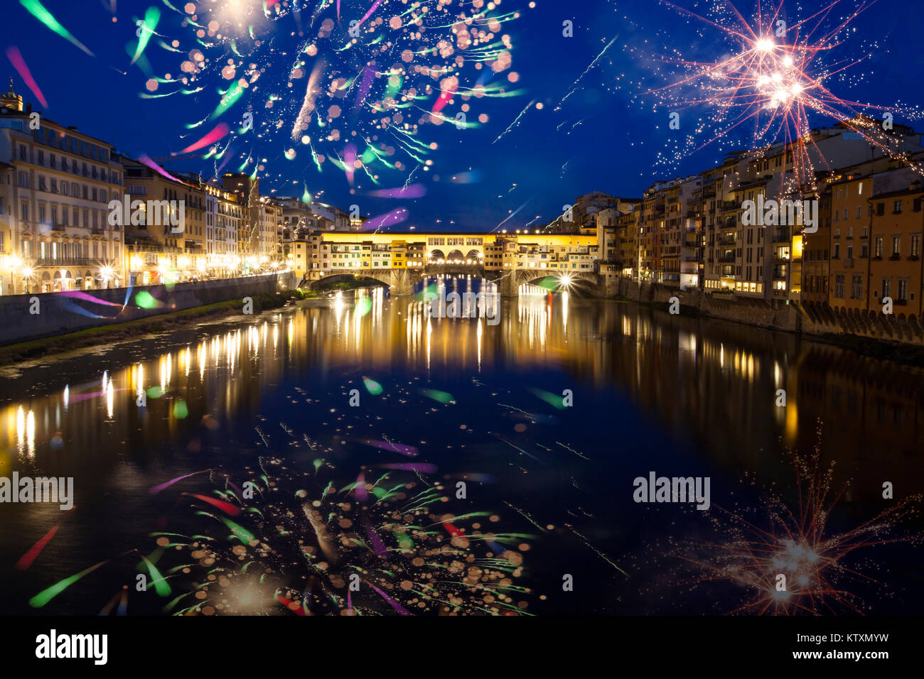 Explosive fireworks around Ponte Vecchio on River Arno Celebrating