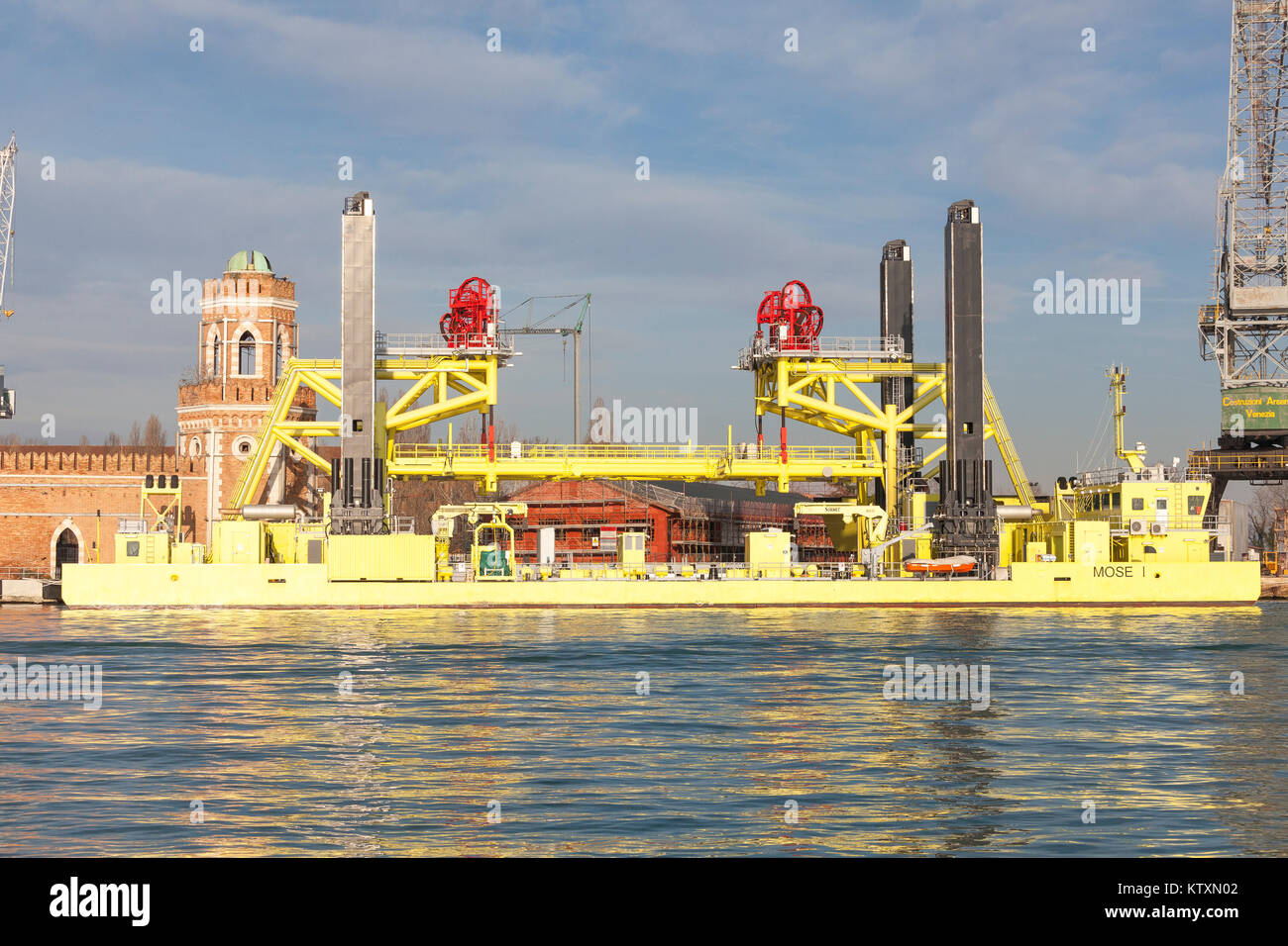 The MOSE 1 jack-up vessel for transporting the barriers designed to close the lagoon to prevent flooding during Acqua Alta, Venice, Italy. Stock Photo