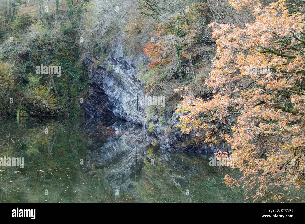Meldon Quarry lake and remarkable shelf of rock Stock Photo Alamy