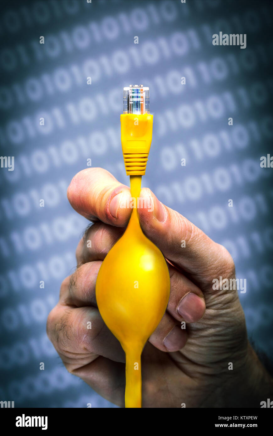 Net Neutrality concept image of a man pinching an ethernet cable to restrict internet access Stock Photo