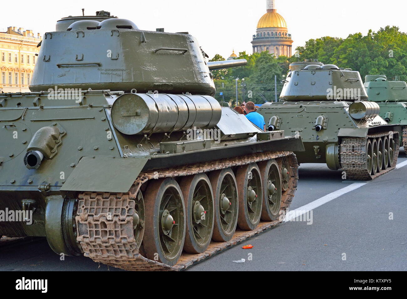 Soviet medium tank T-34-85 on the background of St. Isaac's Cath Stock Photo