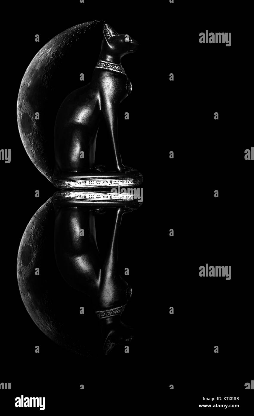 Bast goddess next to the moon in black and white. Dark color with