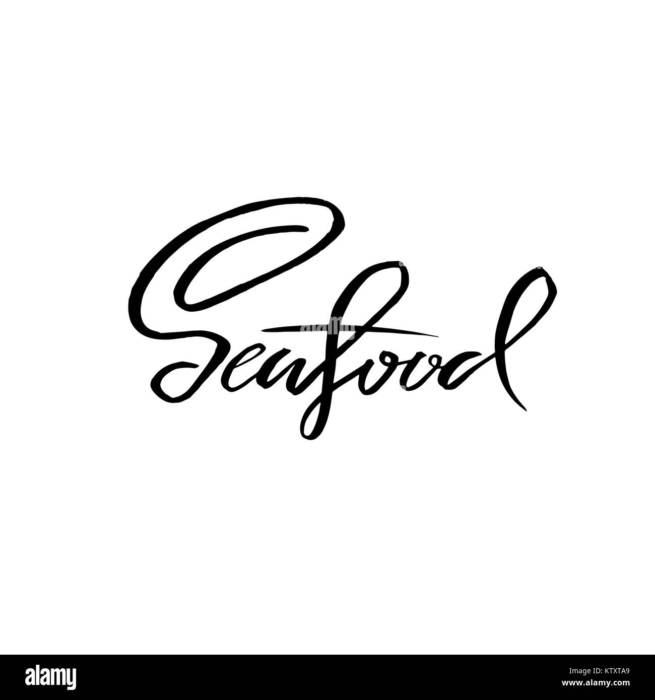 Seafood. Handdrawn brush pen inc lettering. Could be used for seafood market. Vector illustration. Stock Vector