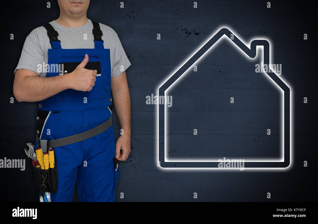 House and craftsman with thumbs up. Stock Photo