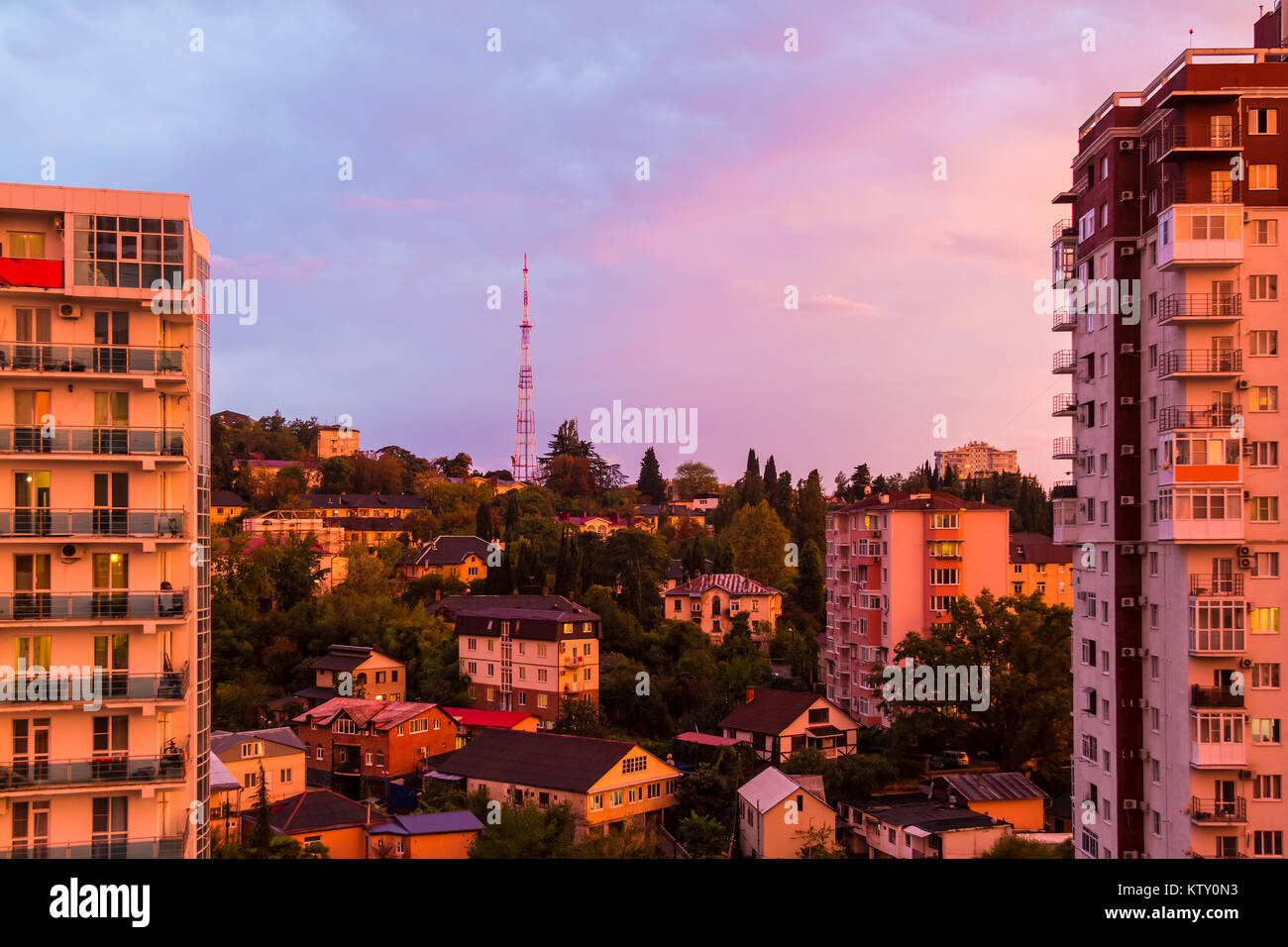 Beautiful aerial view of apartment buildings in the light of the ...