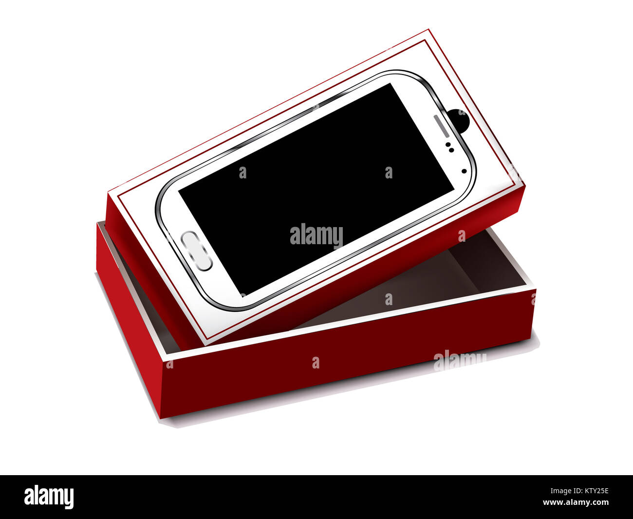 White mobile with red packaging on white background Stock Photo