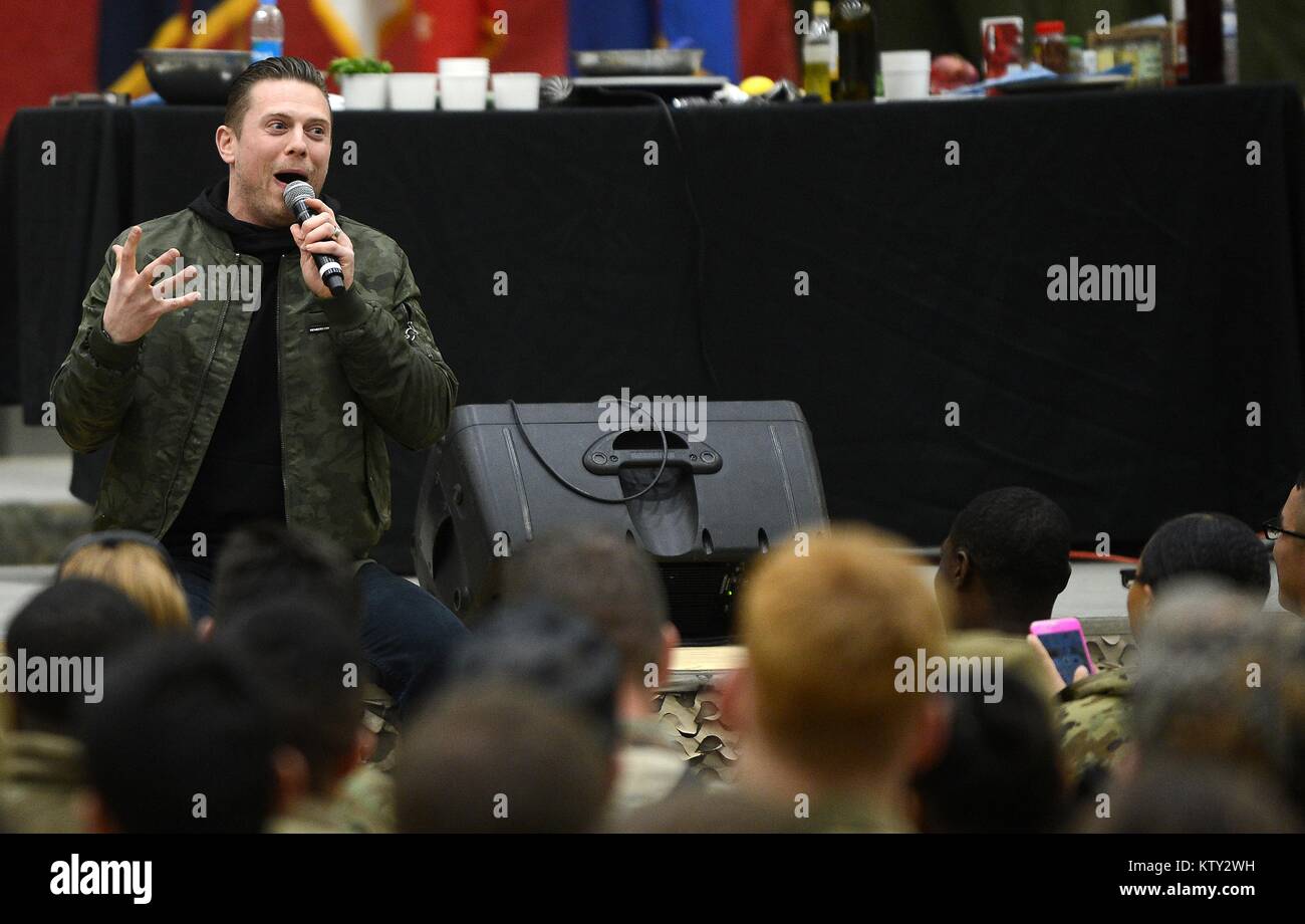World Wrestling Entertainment (WWE) wrestler The Miz (Michael Mizanin) performs for U.S. soldiers during the USO Holiday Tour at the Bagram Airfield December 24, 2017 in Bagram, Afghanistan. Stock Photo