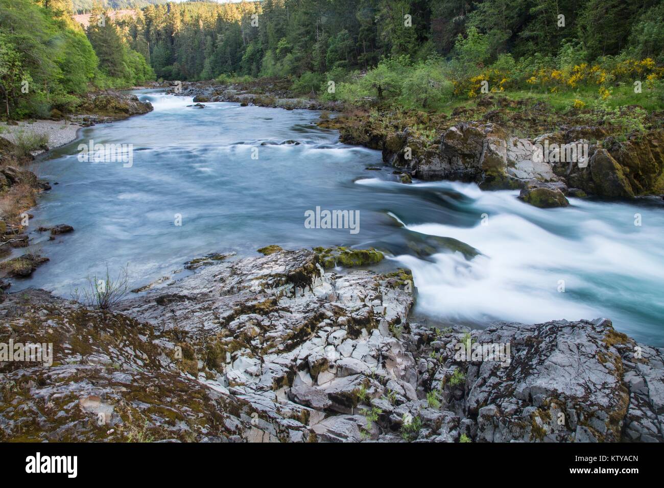 Water flows down the rocks in the North Umpqua Wild and Scenic River ...