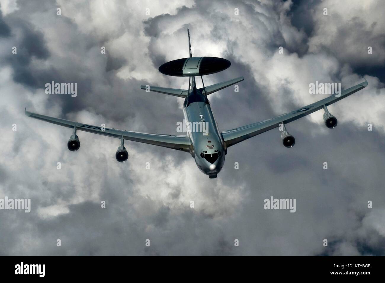 A U.S. Air Force E-3 Sentry aircraft flies over the Nellis Air Force Base Nevada Test and Training Range during exercise Red Flag July 20, 2012 near Las Vegas, Nevada. Stock Photo