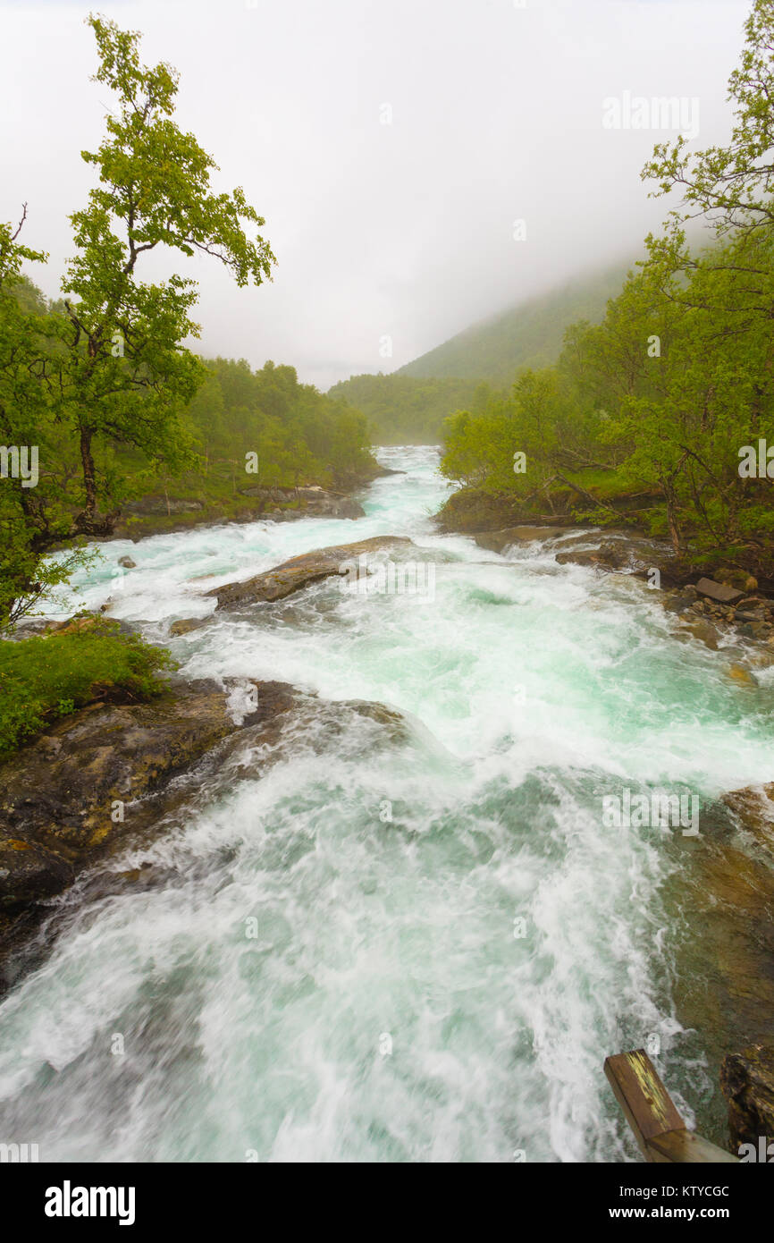 Travel, beauty in nature. Waterfall torrential river along the Aurlandsfjellet mountains in Norway Sogn og Fjordane, foggy hazy summer day Stock Photo