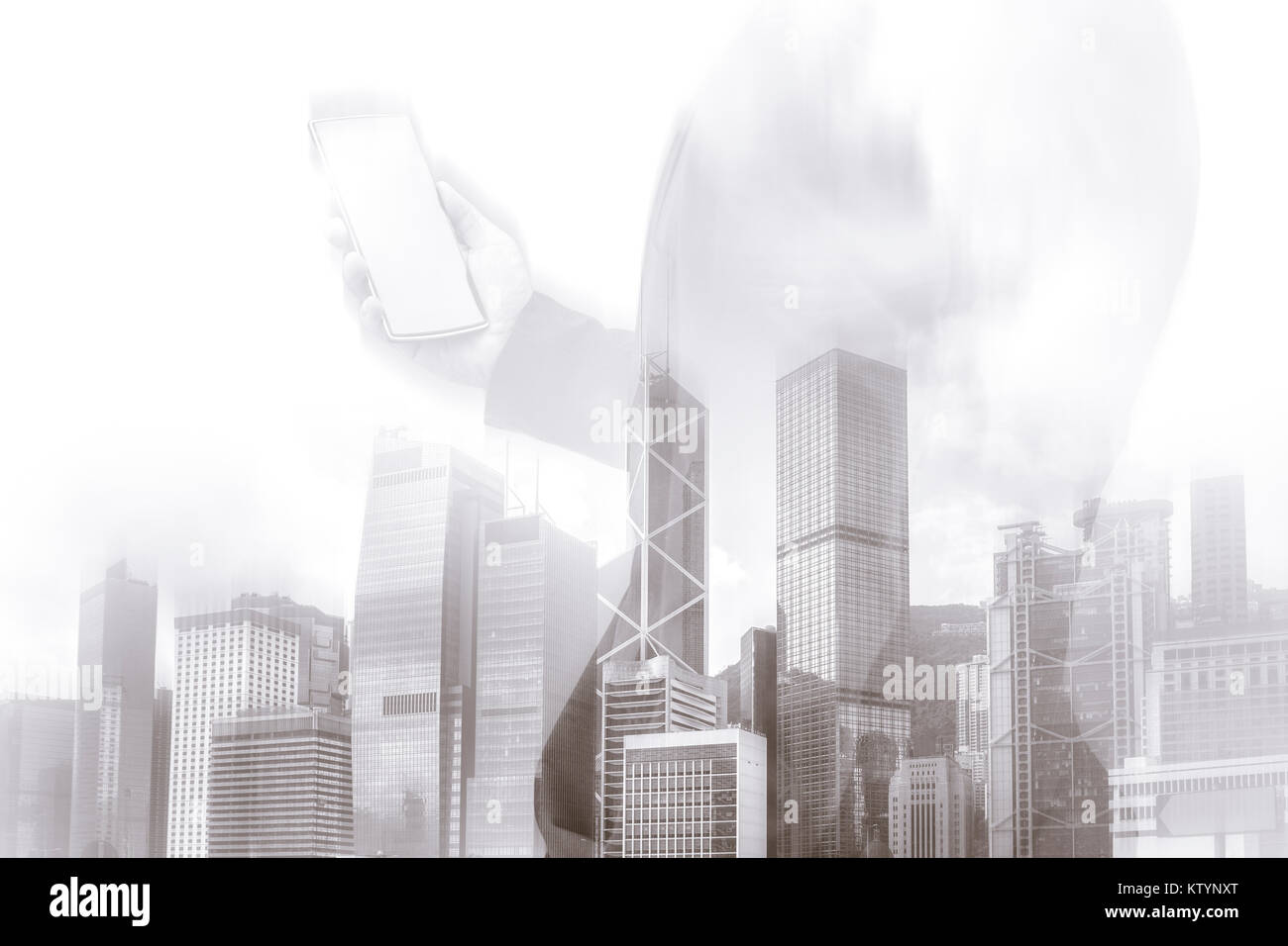 Double exposure of businessman and Hong Kong city view in B&W color Stock Photo