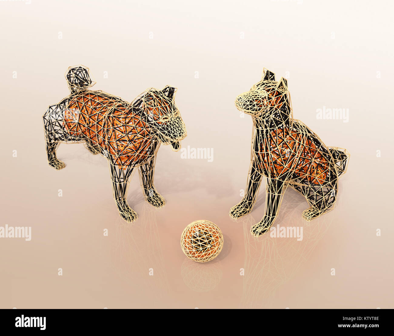 Wire frame of dogs and ball  in low polygon style. 3D rendering image. Stock Photo