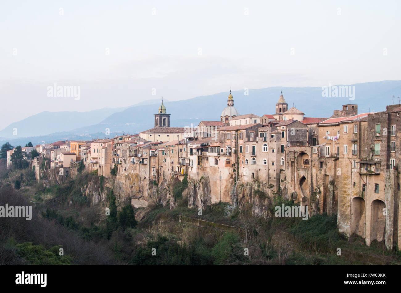 A view of historical small town of Sant Agata de Goti with houses on the cliff. Stock Photo