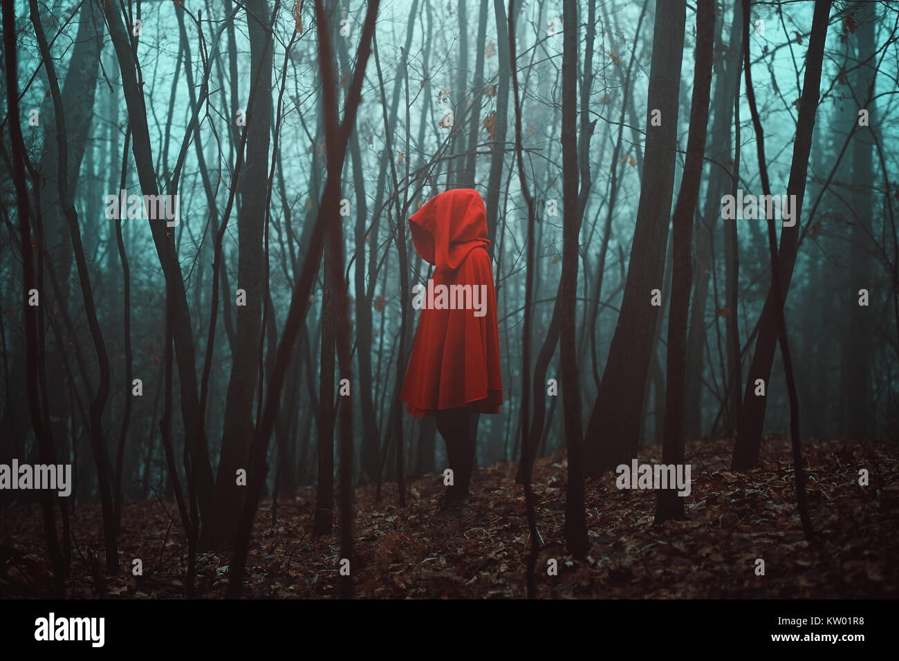 Mysterious figure in dead forest. Misty woods Stock Photo