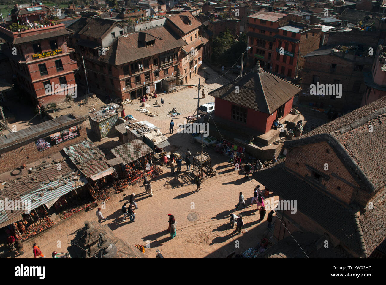 Main square of the city of Bhaktapur, Nepal, lifted from the height, before the earthquake in 2015, all buildings in safety. Stock Photo