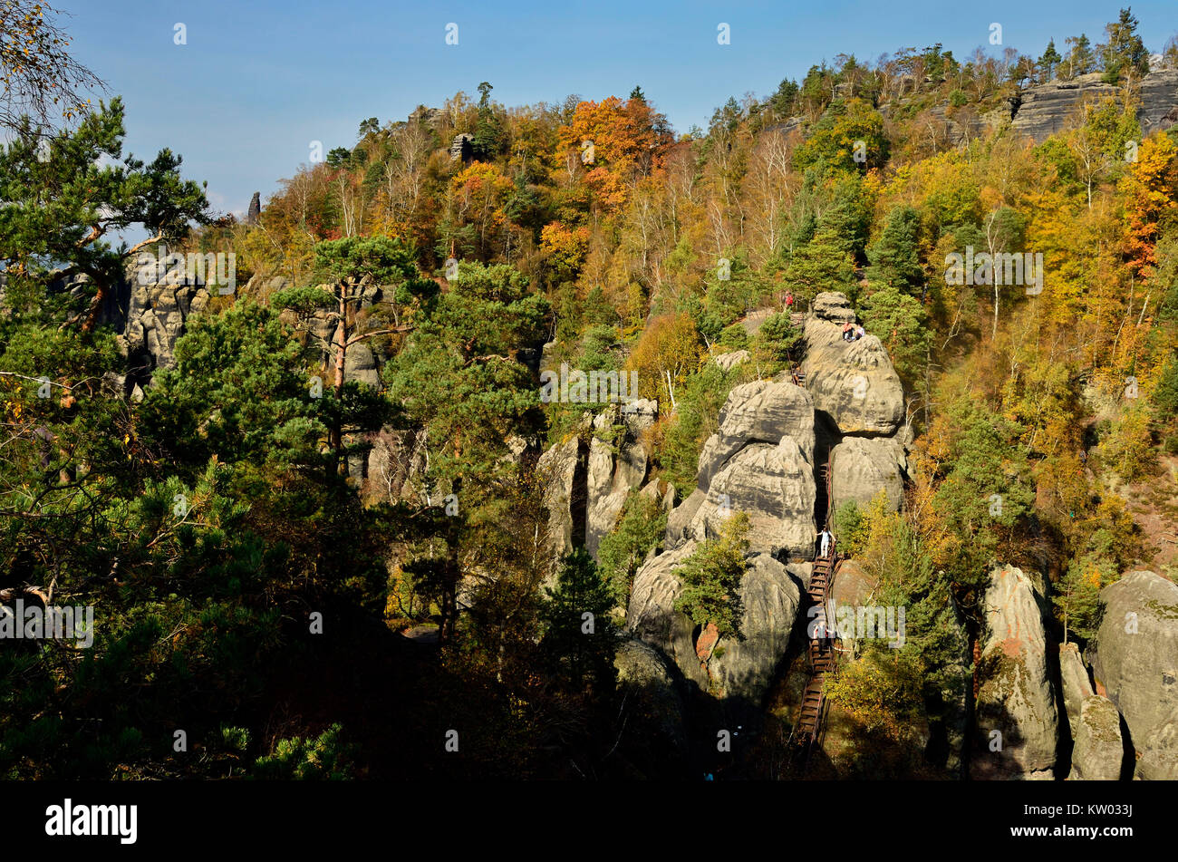 Elbsandsteingebirge, Saxon Switzerland, burr way and middle corner in the Schrammsteinmassiv, Sächsische Schweiz, Gratweg und Mittelwinkel im Schramms Stock Photo