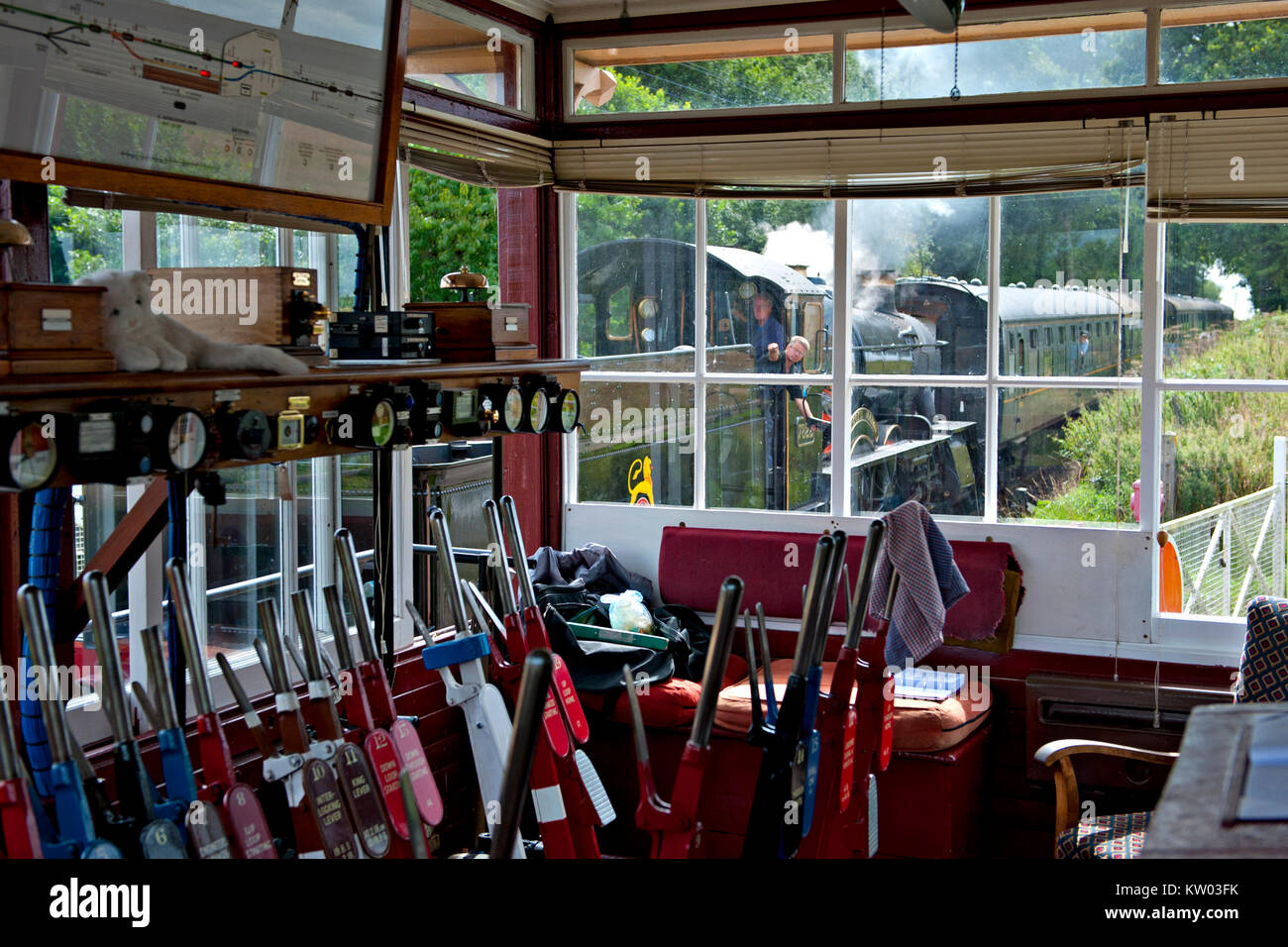 Interior of Wittersham  Road Signalbox, on the Kent and East Sussex Railway Stock Photo