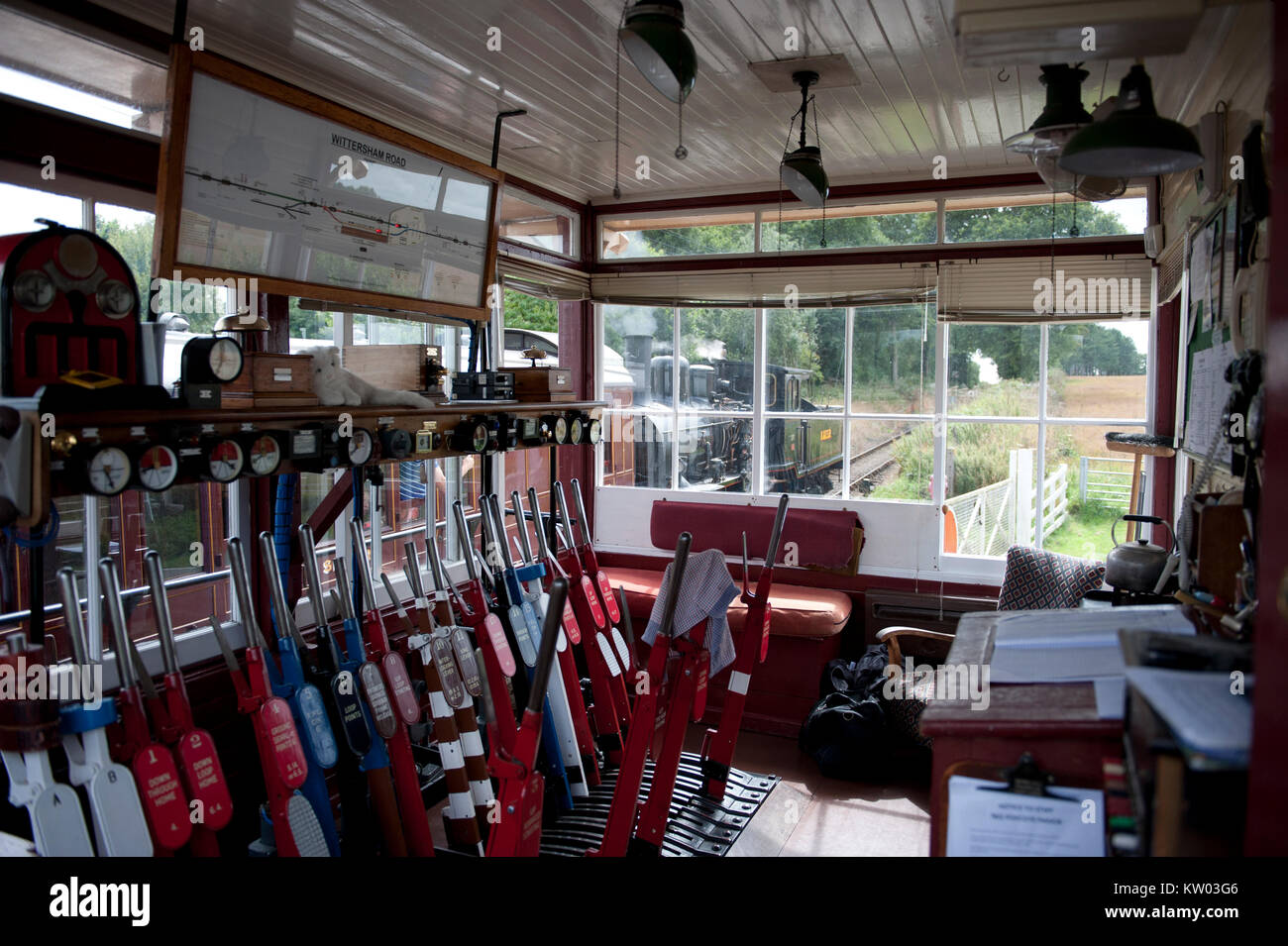 Interior of Wittersham  Road Signalbox, on the Kent and East Sussex Railway Stock Photo