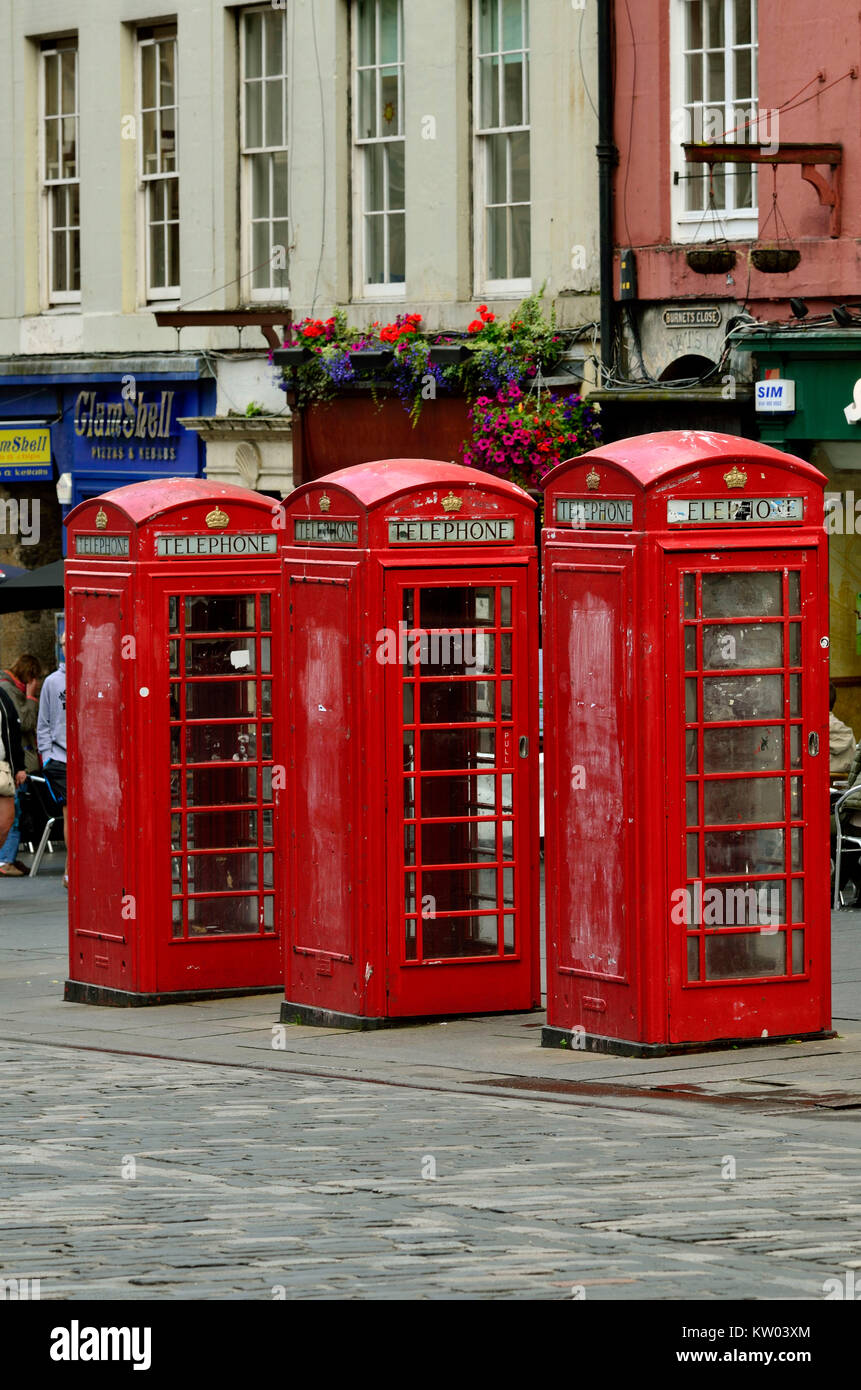 Scotland, Edinburgh, English telephone boxes in the Old Town