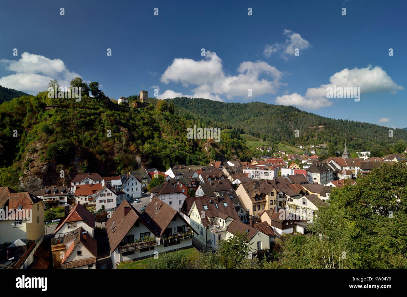 Horn-rimmed mountain, town view horn-rimmed mountain with castle mountain, Hornberg, Stadtansicht Hornberg mit Schlossberg Stock Photo