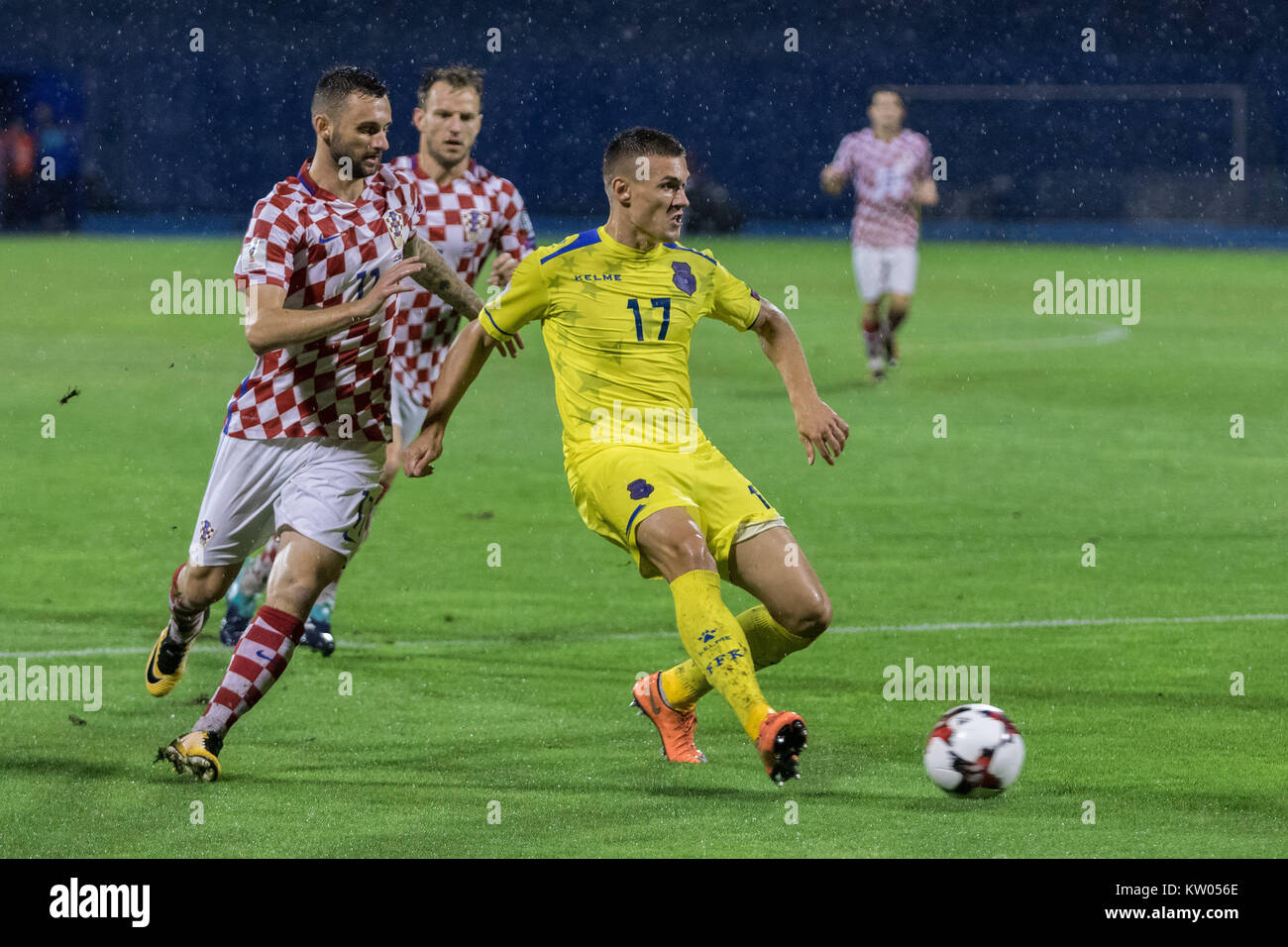ZAGREB, CROATIA - SEPTEMBER 02, 2017: European qualifier for 2018 FIFA World CUp Russia. Croatia vs Kosovo. Marcelo BROZOVIC (11) and Benjamin Kololli Stock Photo