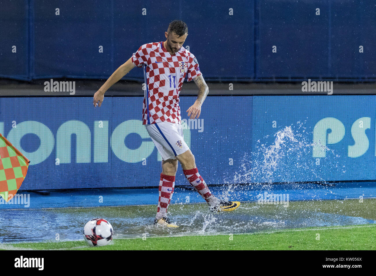 ZAGREB, CROATIA - SEPTEMBER 02, 2017: European qualifier for 2018 FIFA World CUp Russia. Croatia vs Kosovo. Marcelo BROZOVIC (11) removing water from  Stock Photo