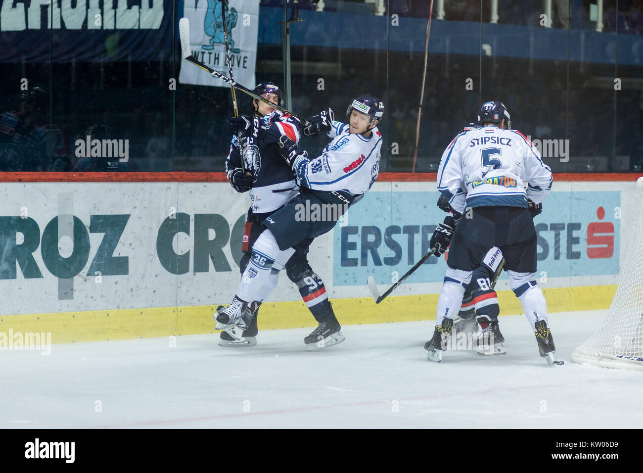 ZAGREB, CROATIA - SEPTEMBER 10, 2017: EBEL ice hockey league match between Medvescak Zagreb and Fehervar AV19.  Mike AVIANI (93) and Csanad ERDELY (36 Stock Photo