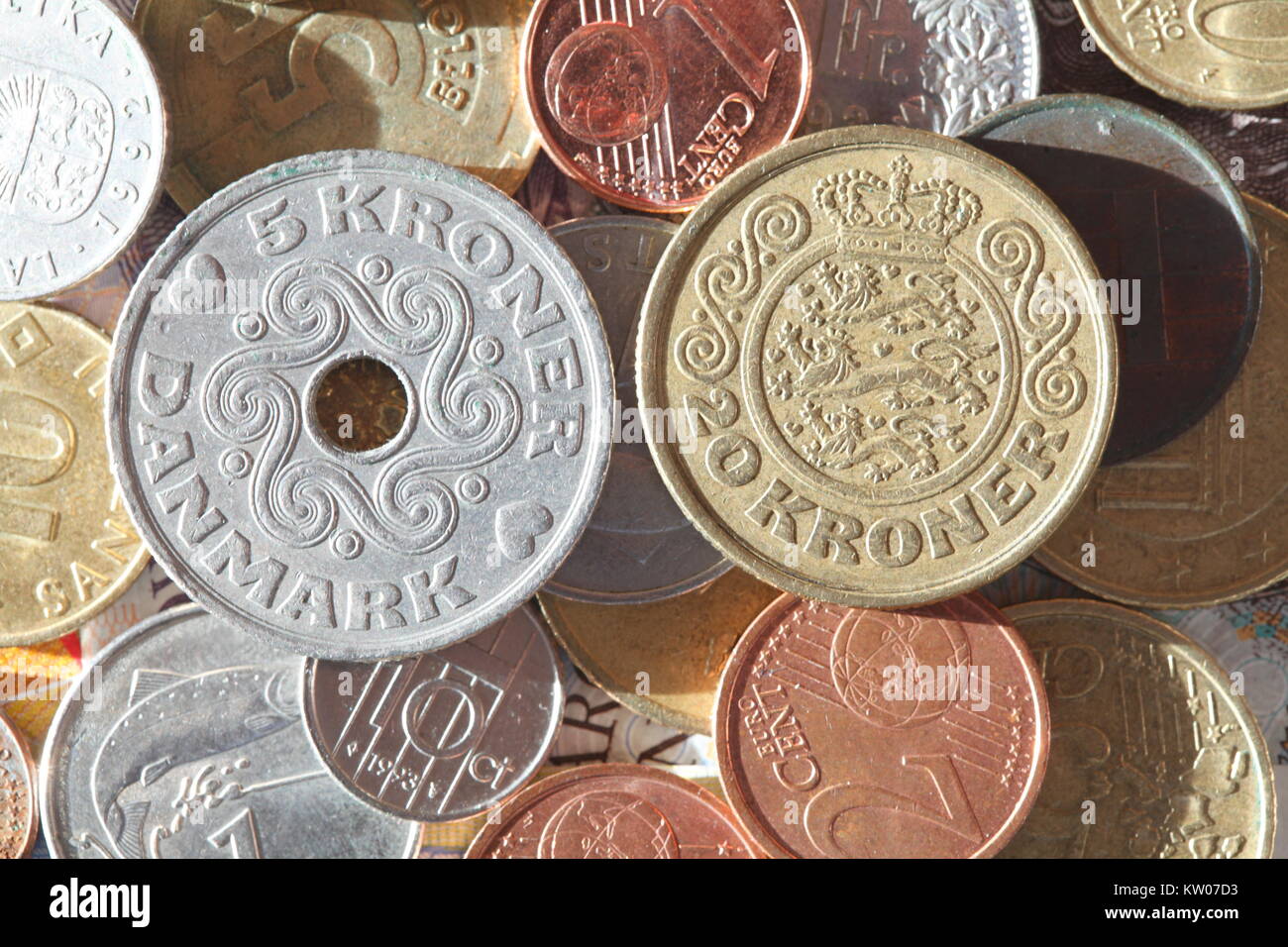 Danish Krone coins, Danish money Stock Photo