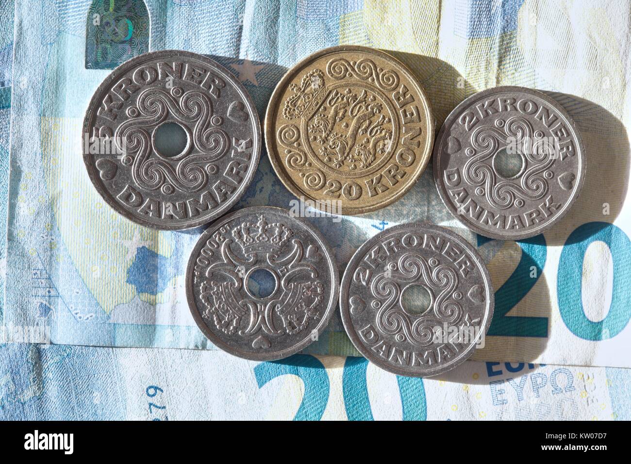 Danish Krone coins, Danish money Stock Photo