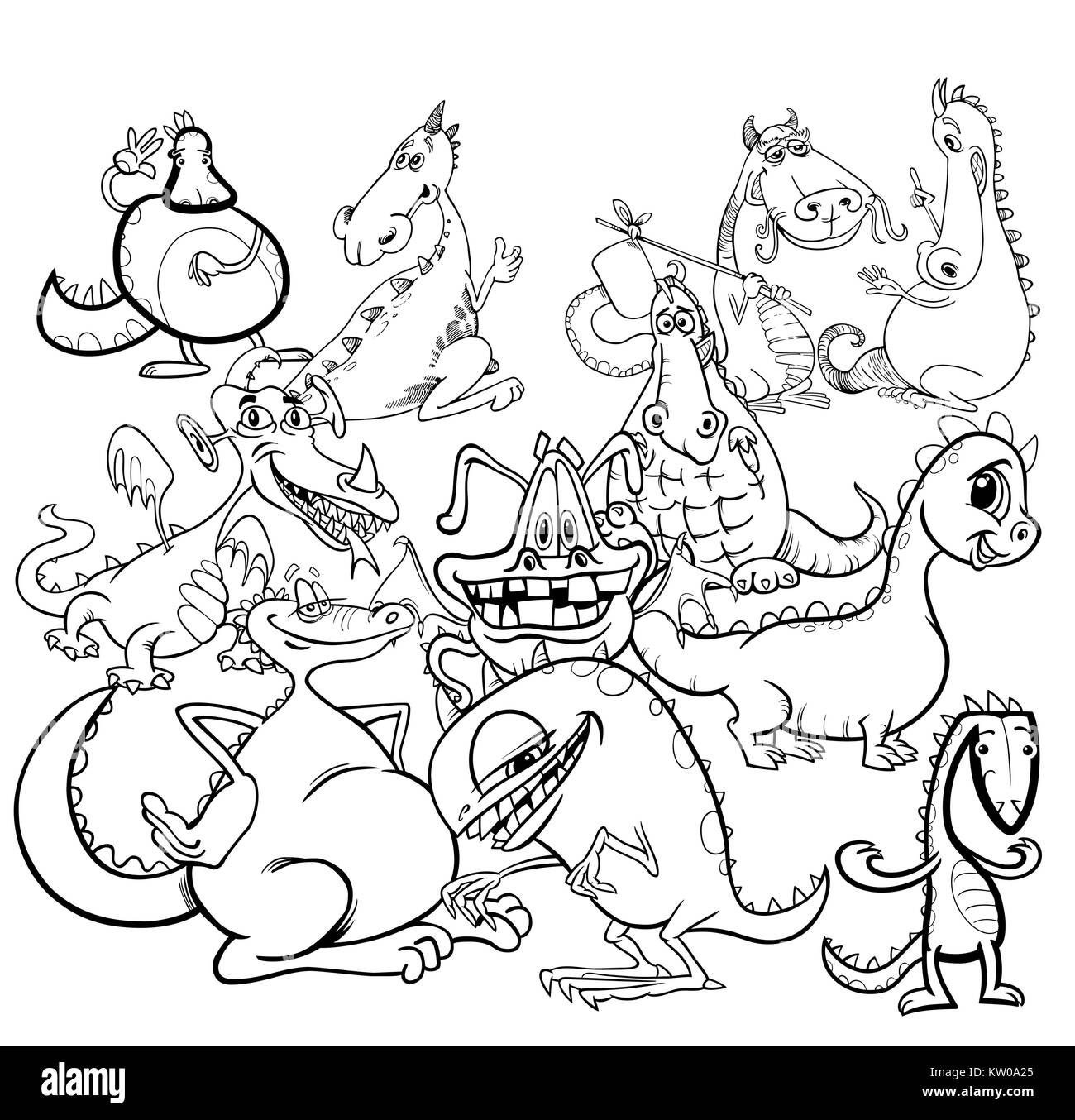 Black And White Cartoon Illustration Of Dragons Fantasy Characters