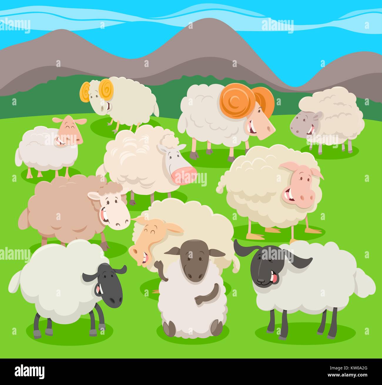 Cartoon Illustration of Flock of Sheep Farm Animal Characters Stock Vector
