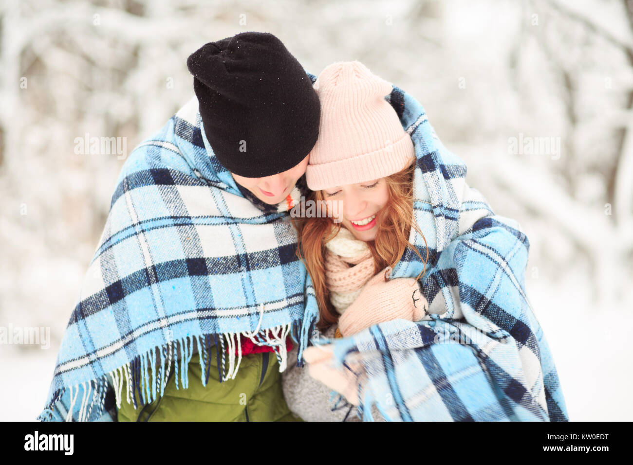 Checkered plaid and couple Stock Photo