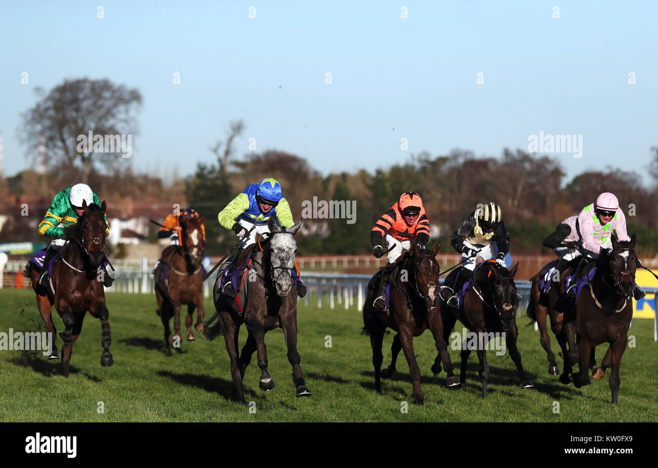 Flawless Escape ridden by Roger Loughran (fourth right) on their way to winning the attheraces.com Maiden Hurdle during day three of the Leopardstown Christmas Festival at Leopardstown Racecourse. Stock Photo