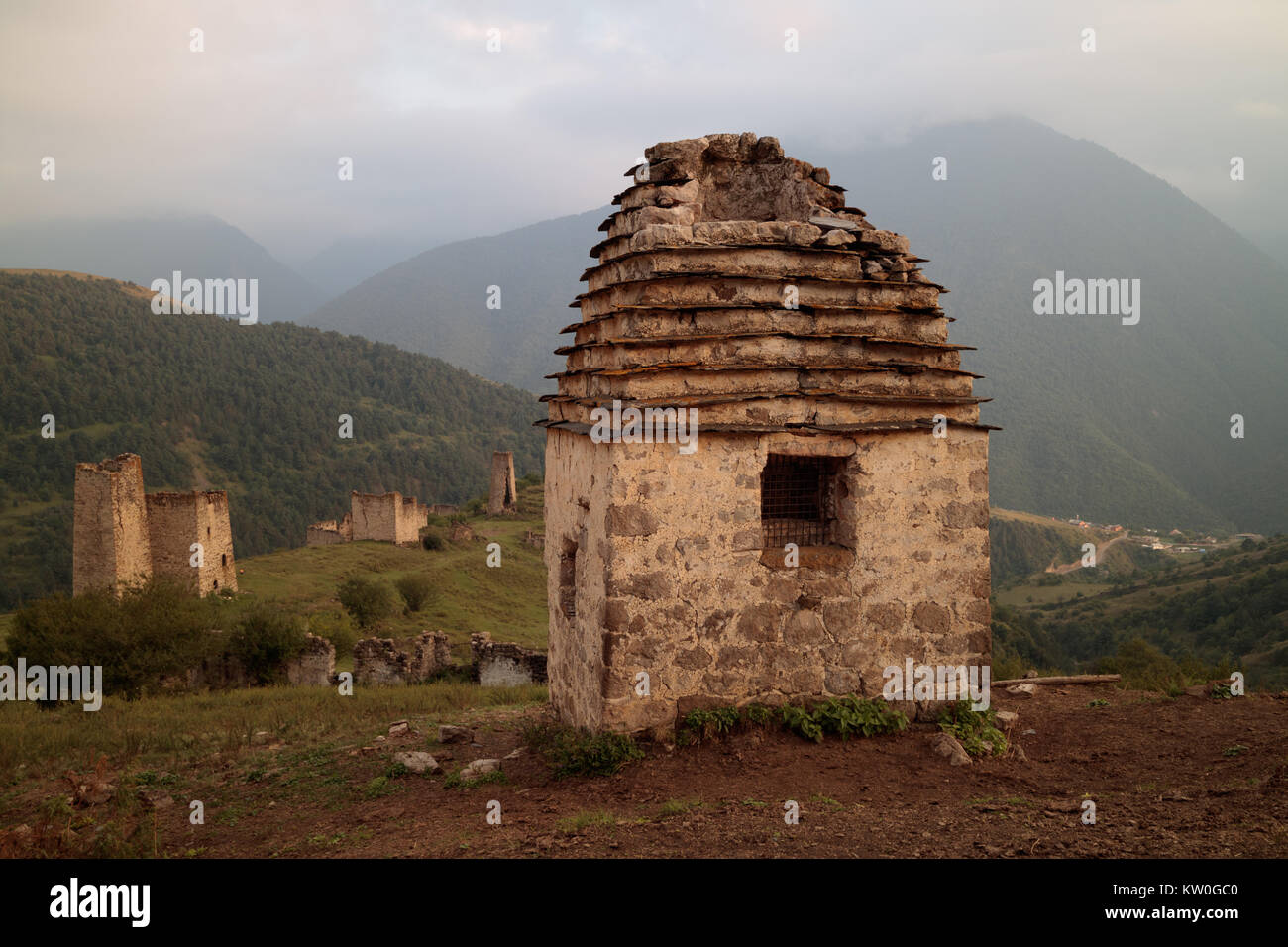 Ancient tombs of medieval architecture in Ingushetia/Chechnya mountains, Caucasus Stock Photo