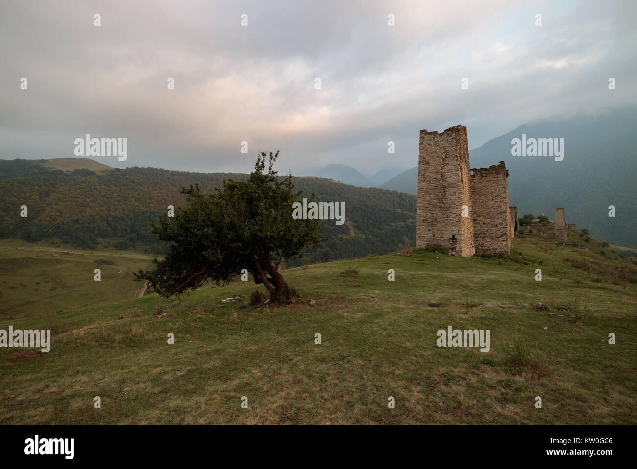 Residential medieval complex, Ingushetia mountains, Caucasus, the walls were made of stones of varying sizes (blocks or slabs) Stock Photo