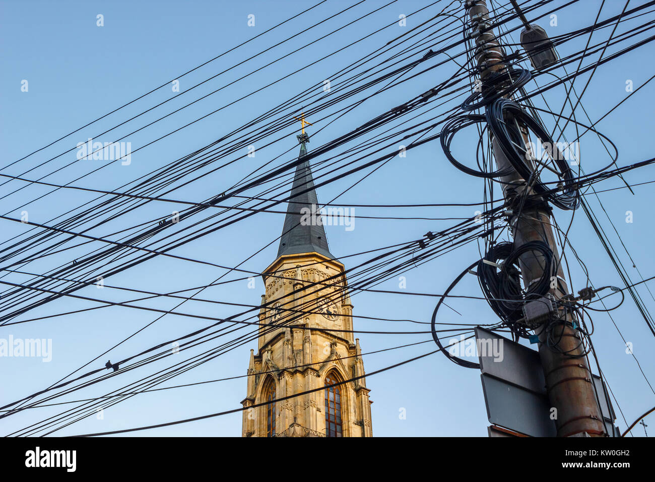 Messy electrical cables in front of the St. Michael's Church in Cluj